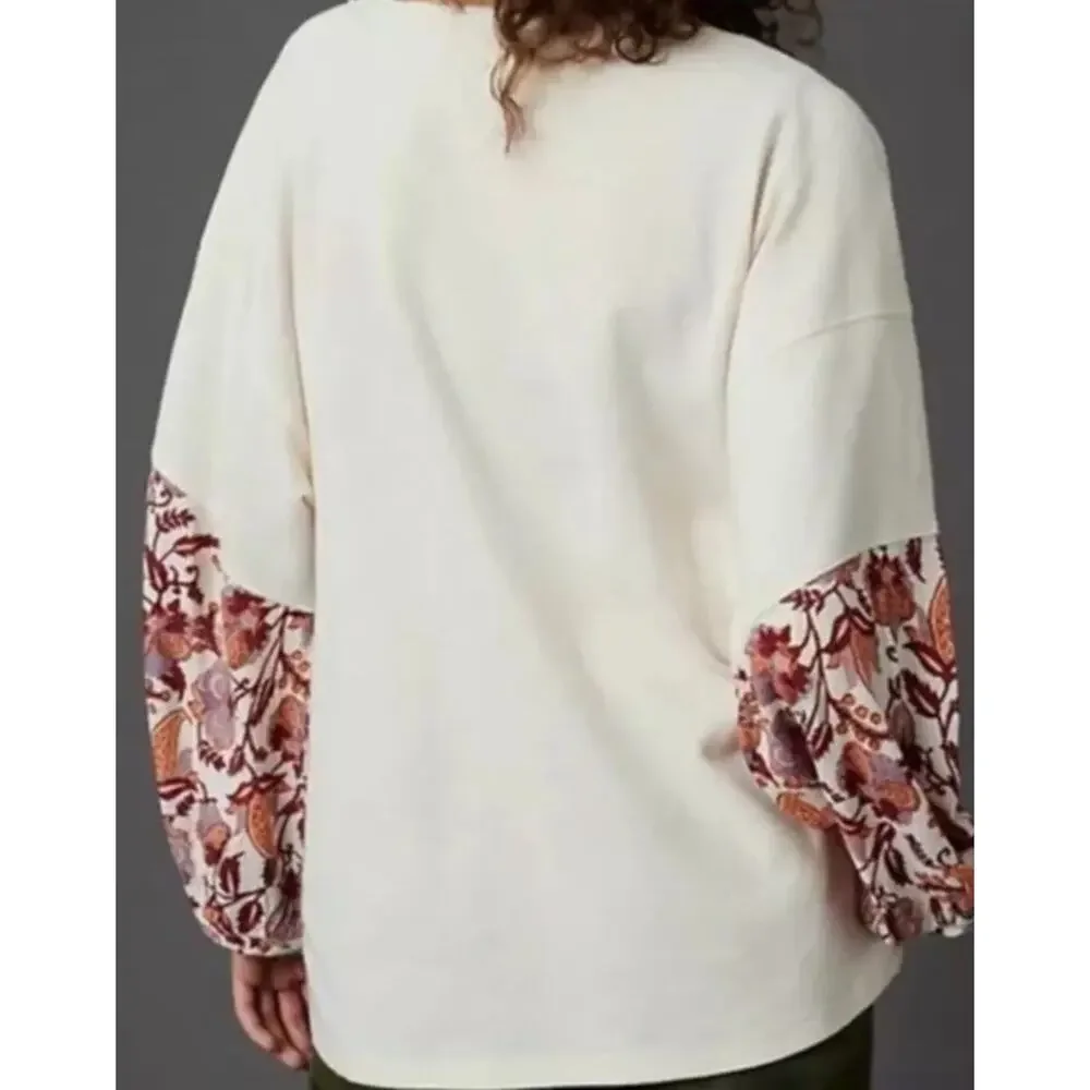 Anthropologie V-neck Mixed Fabric Thermal Shirt Womens Size Small White Preppy